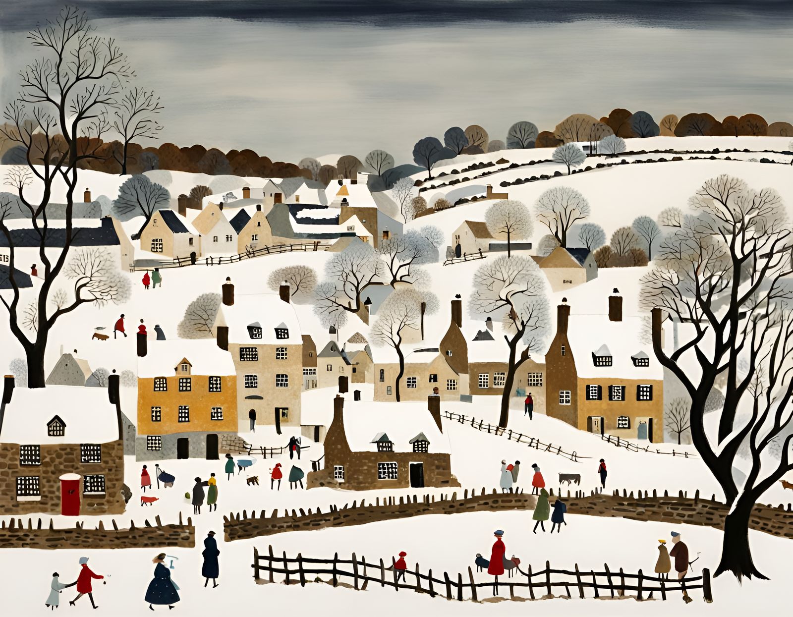 Winter Cotswold Village in Naive Art Style