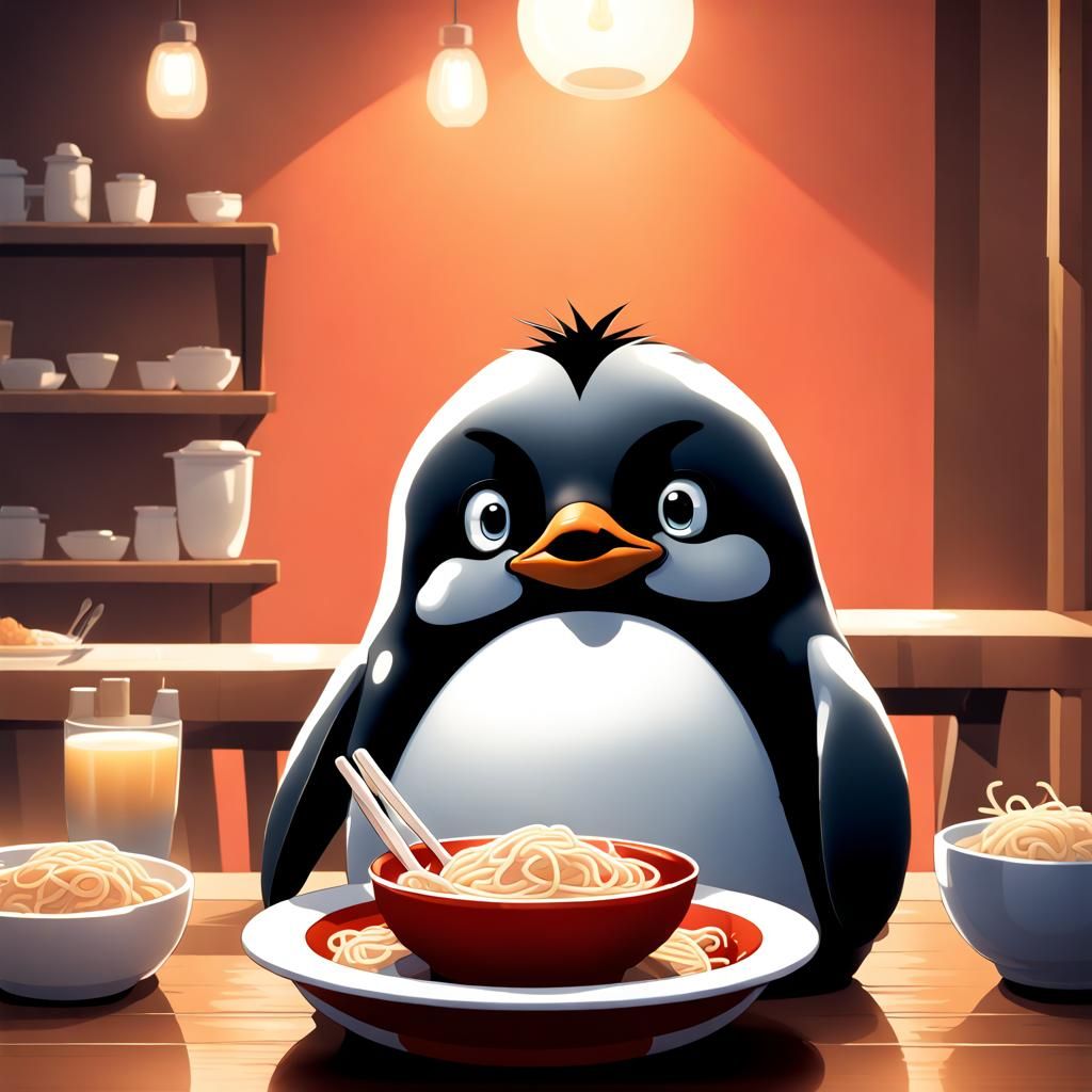 Adorable Penguin Eating Ramen: Digital Illustration