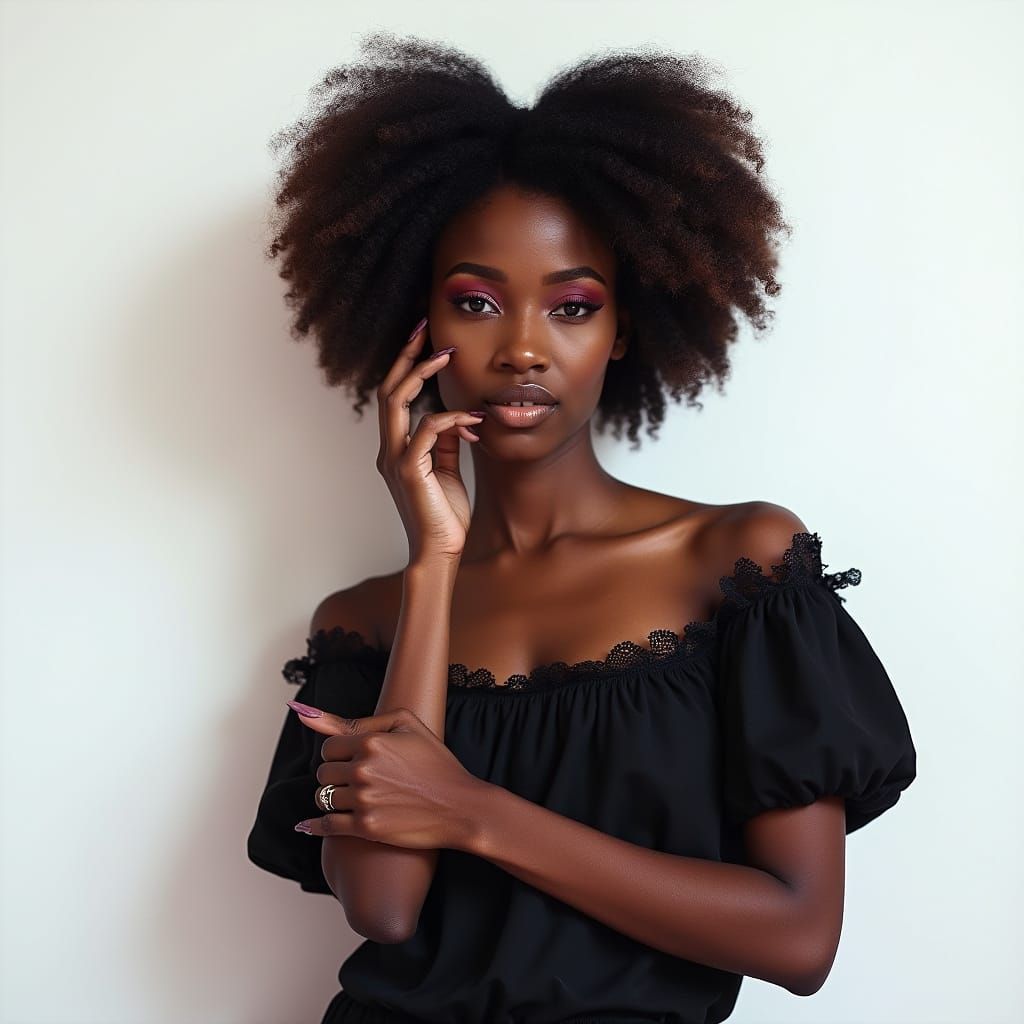 Confident Woman with Afro in Hyperrealistic Style