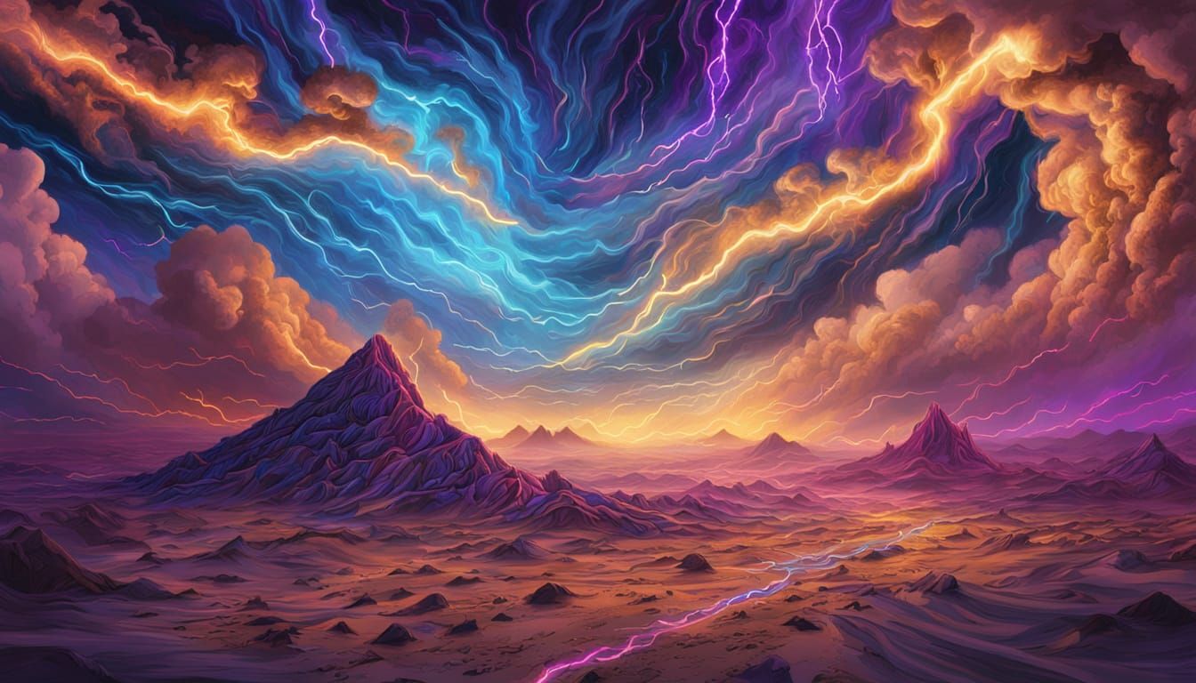 Cosmic Desert Thunderstorm with Electric Blue Lightning