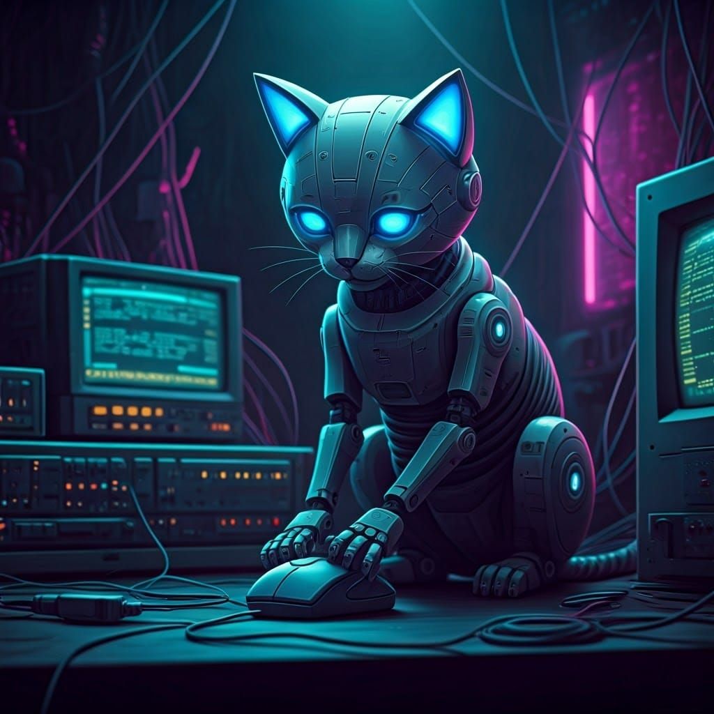 Futuristic Robot Cat Plays with Vintage Computer Mouse in Ne...