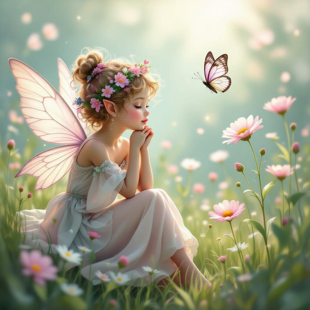Floral Fairy Watching Butterfly in Dreamy Concept Art