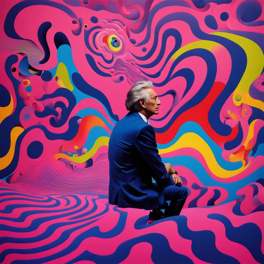 Man Surrounded by Pink and Blue Sound Waves