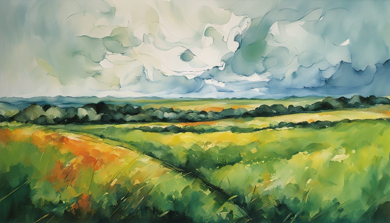 Expressive Green Landscape with Hills and Bushes in Vibrant ...