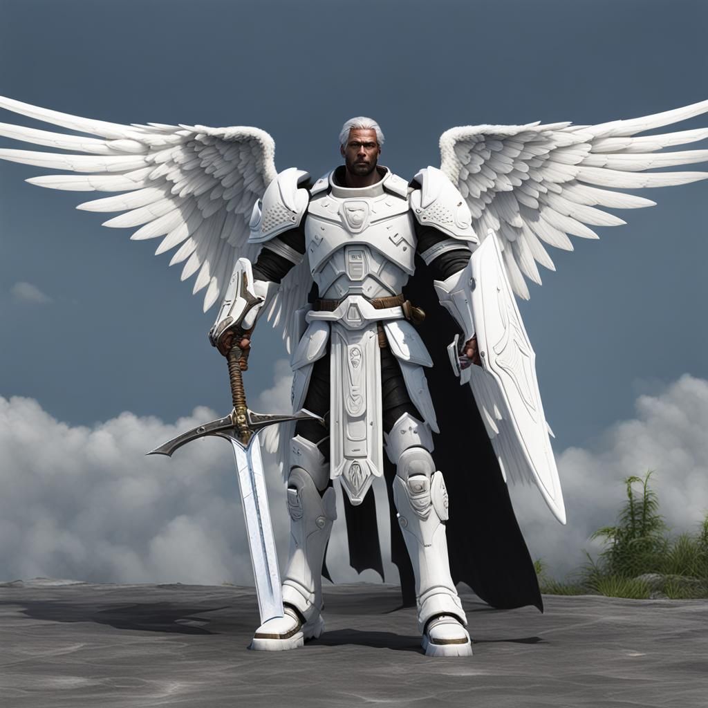 Archangel with White Wings and Sword in Hyperrealism
