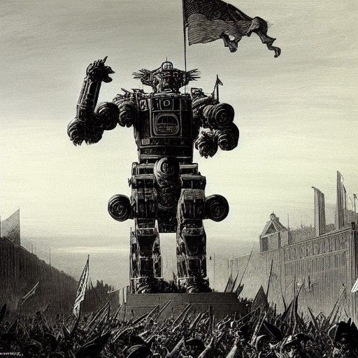 Giant Robot Officer on Battlefield in Doré Style