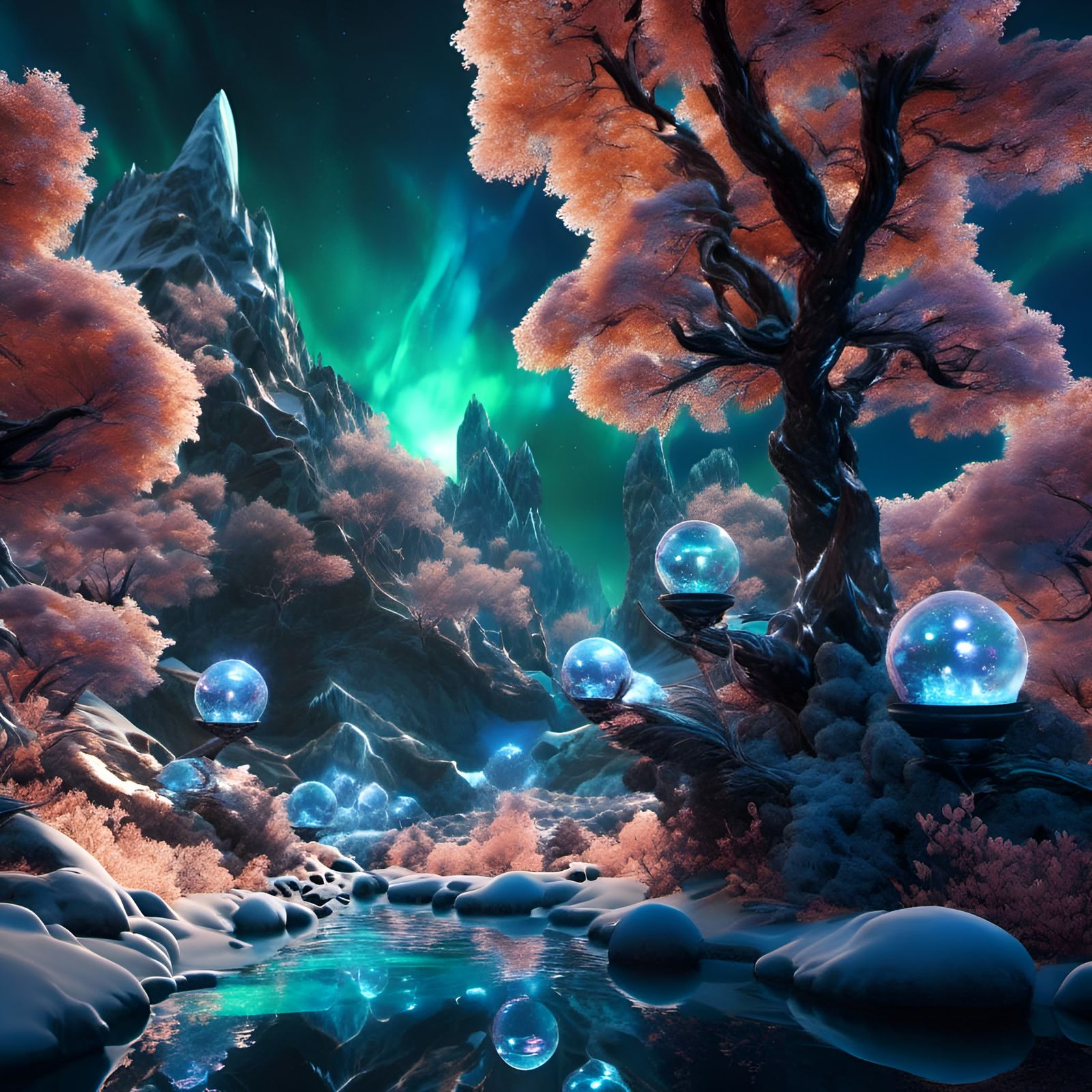 Crystal Cybercore Tree Reflecting Aurora: Cyberpunk Scene