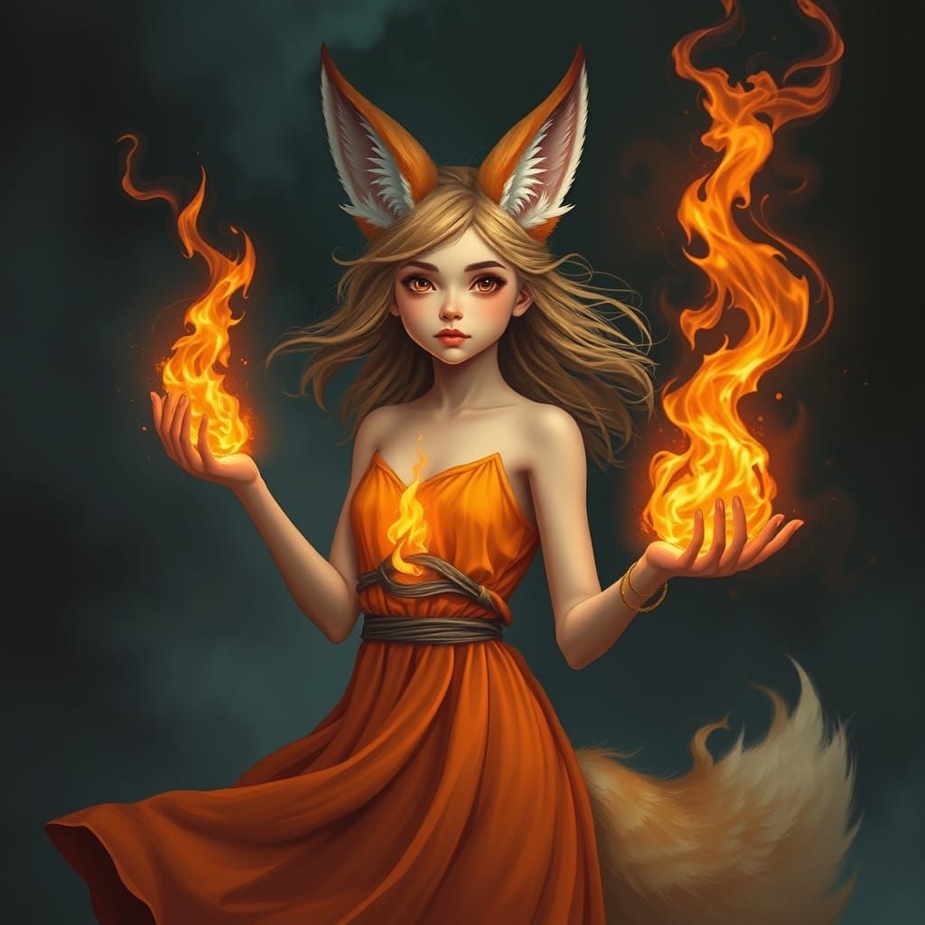 Vibrant Fox Goddess Ignites Dark Mystical Landscape