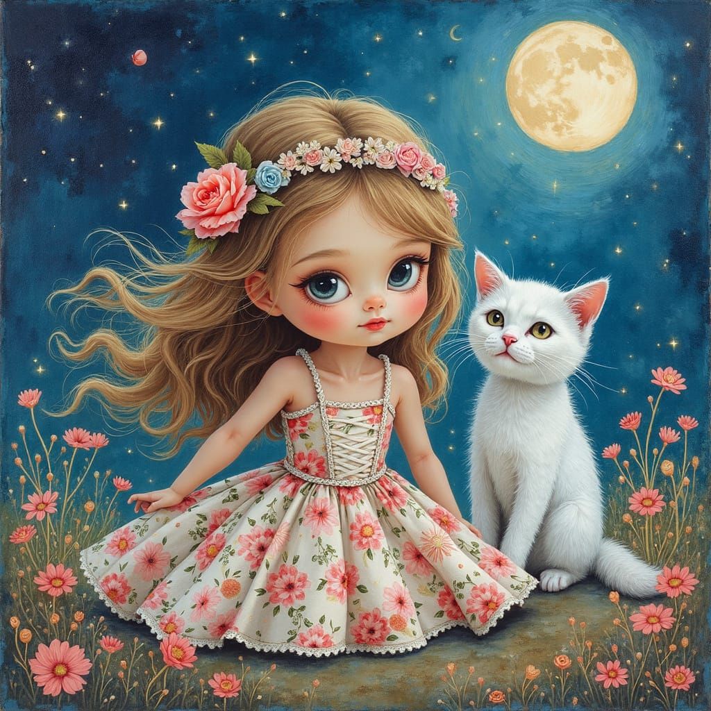 Whimsical Floral Girl and Her White Kitten in Gouache Style