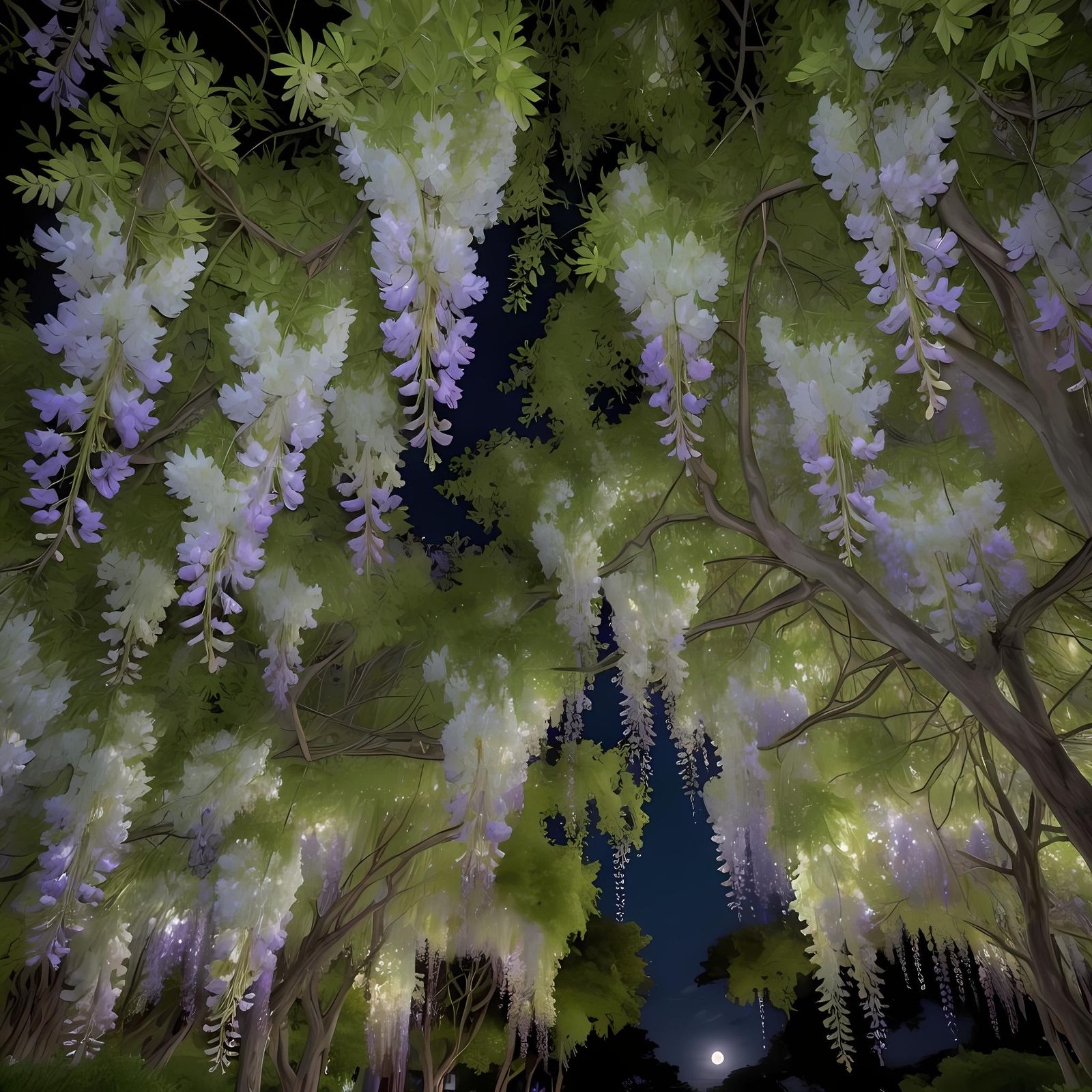 Moonlit Wisteria Grove in Vivid Color