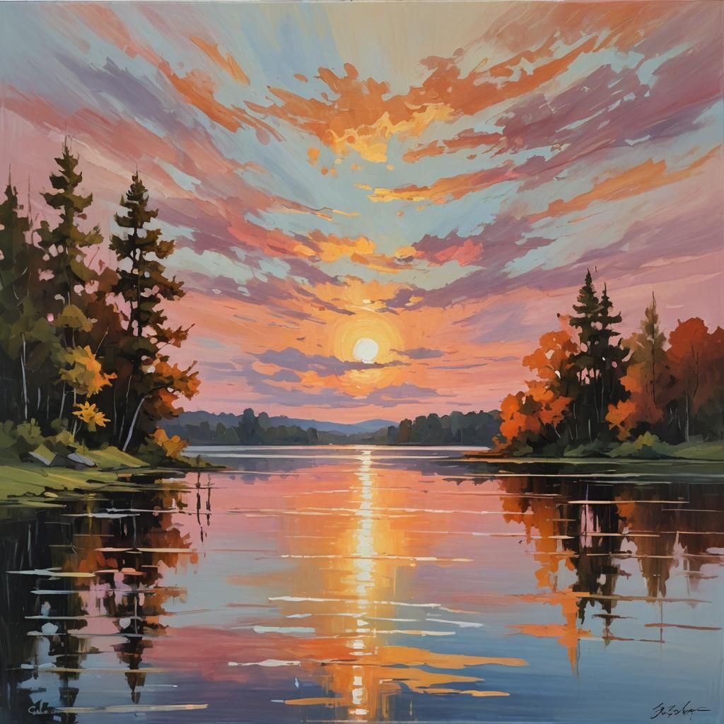 Autumn Sunset Lake: Impressionistic Style Painting