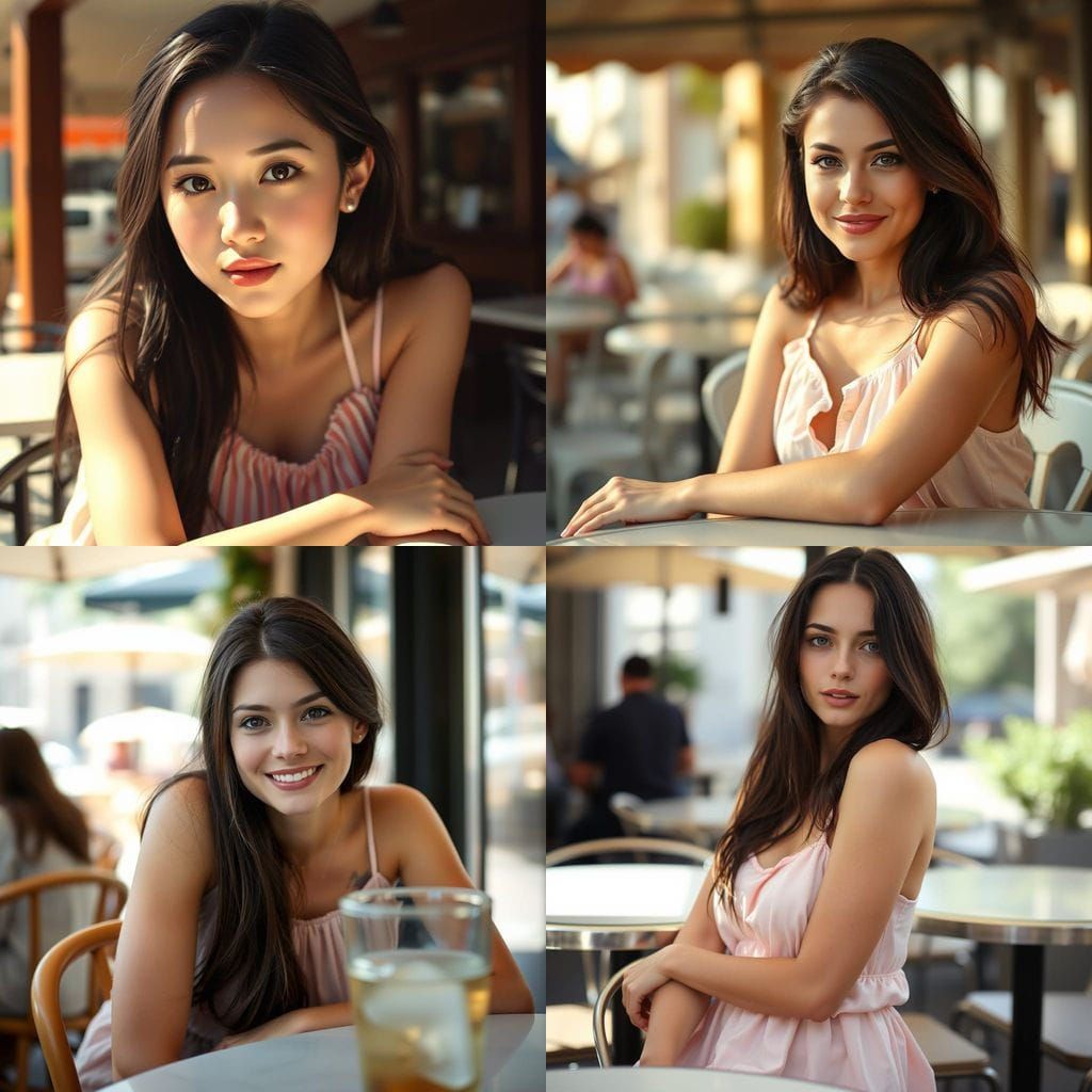 Photorealistic Portrait of Woman at Sunlit Cafe