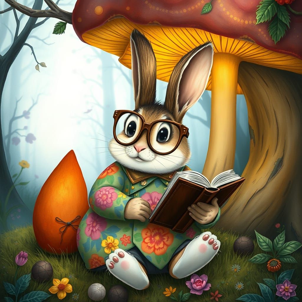 Bunny Reading Book Under Mushroom in Whimsical Forest