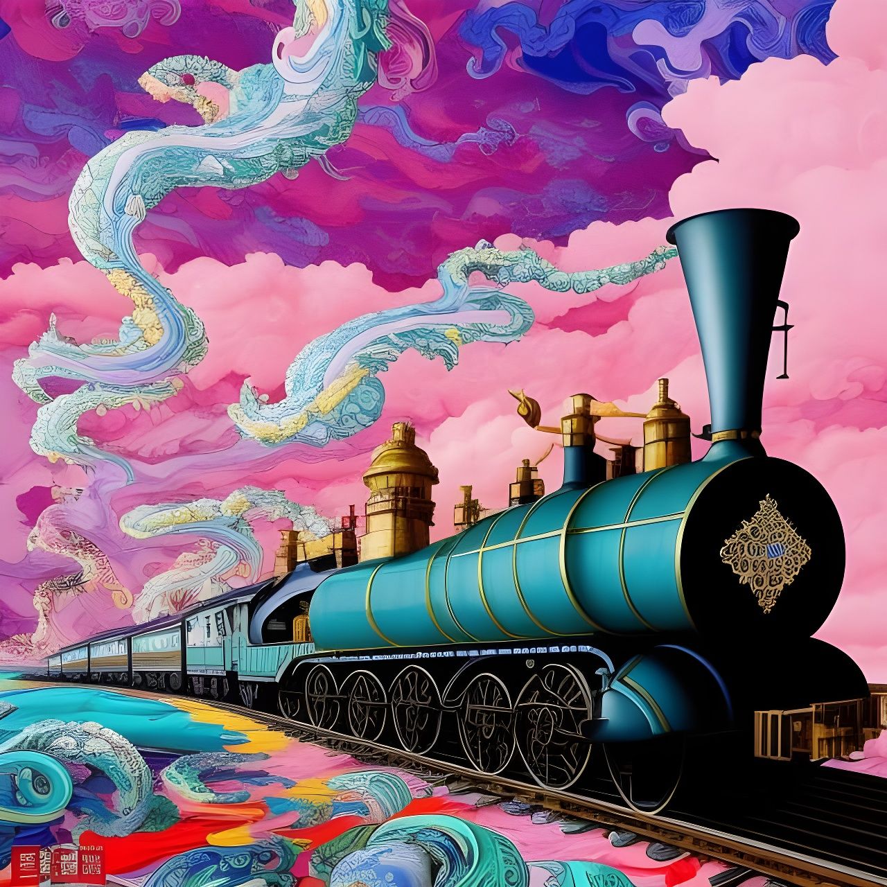 Whimsical Train with Colorful Clouds, Gouache Illustration