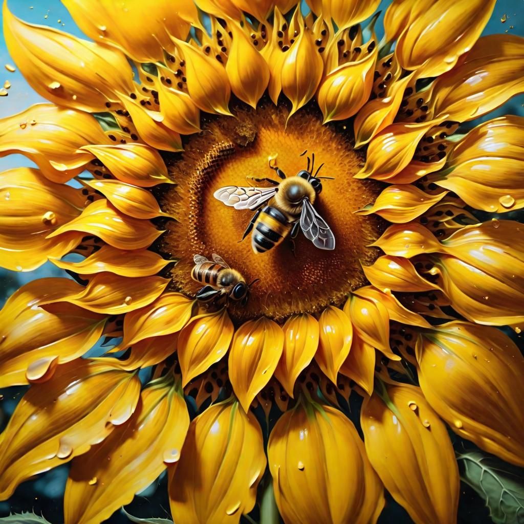 Detailed Sunflower Pollination in Oil Painting Style