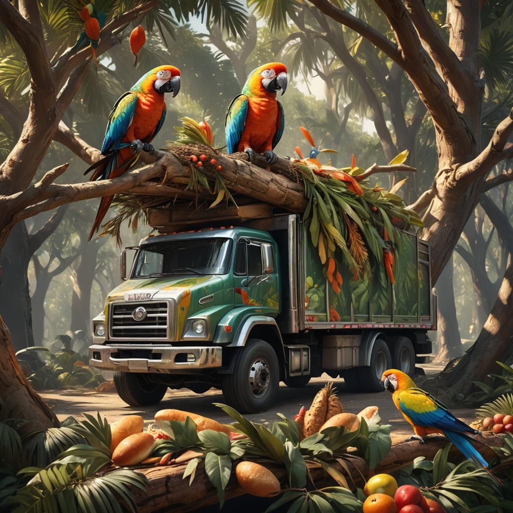 Parrot Eating Bread on Truck Screen: Digital Art