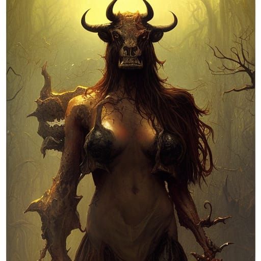 Gothic Dark Fantasy Cow-Headed Minotaur in Golden Field