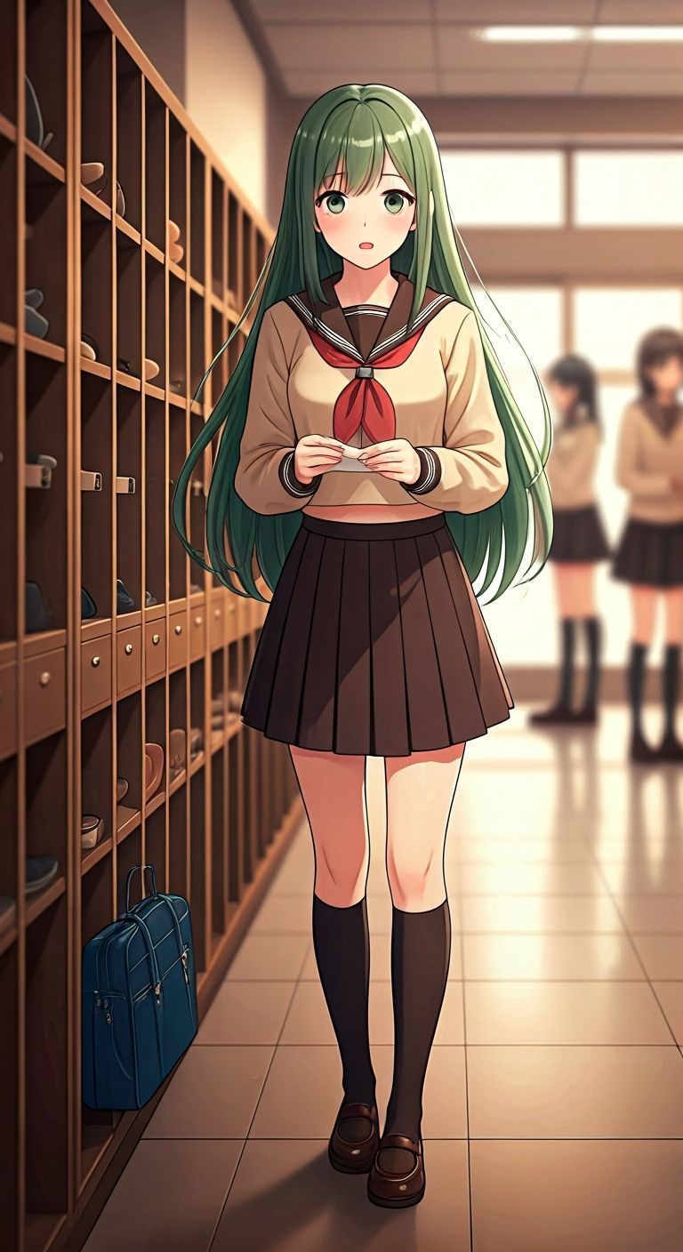 Cute Japanese Student Surprised by Love Letter in School Lob...