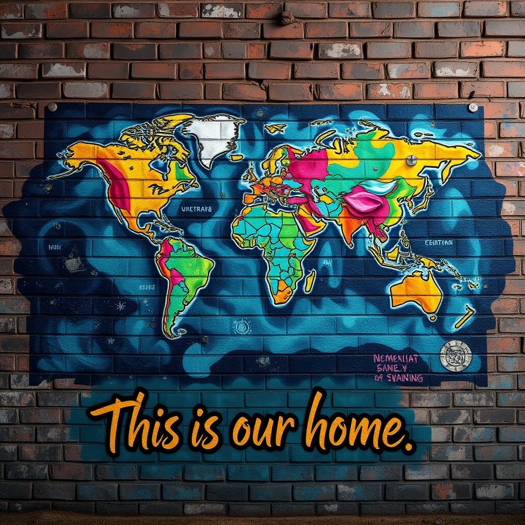 Street Art Mural of the World in Vibrant, High-Contrast Colo...