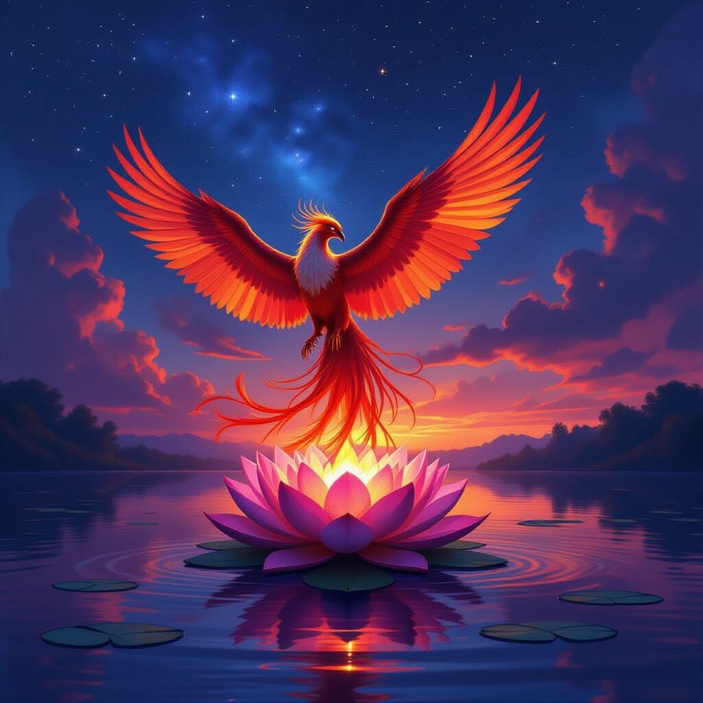 Majestic Phoenix on Lotus at Sunset with Starry Storm Sky