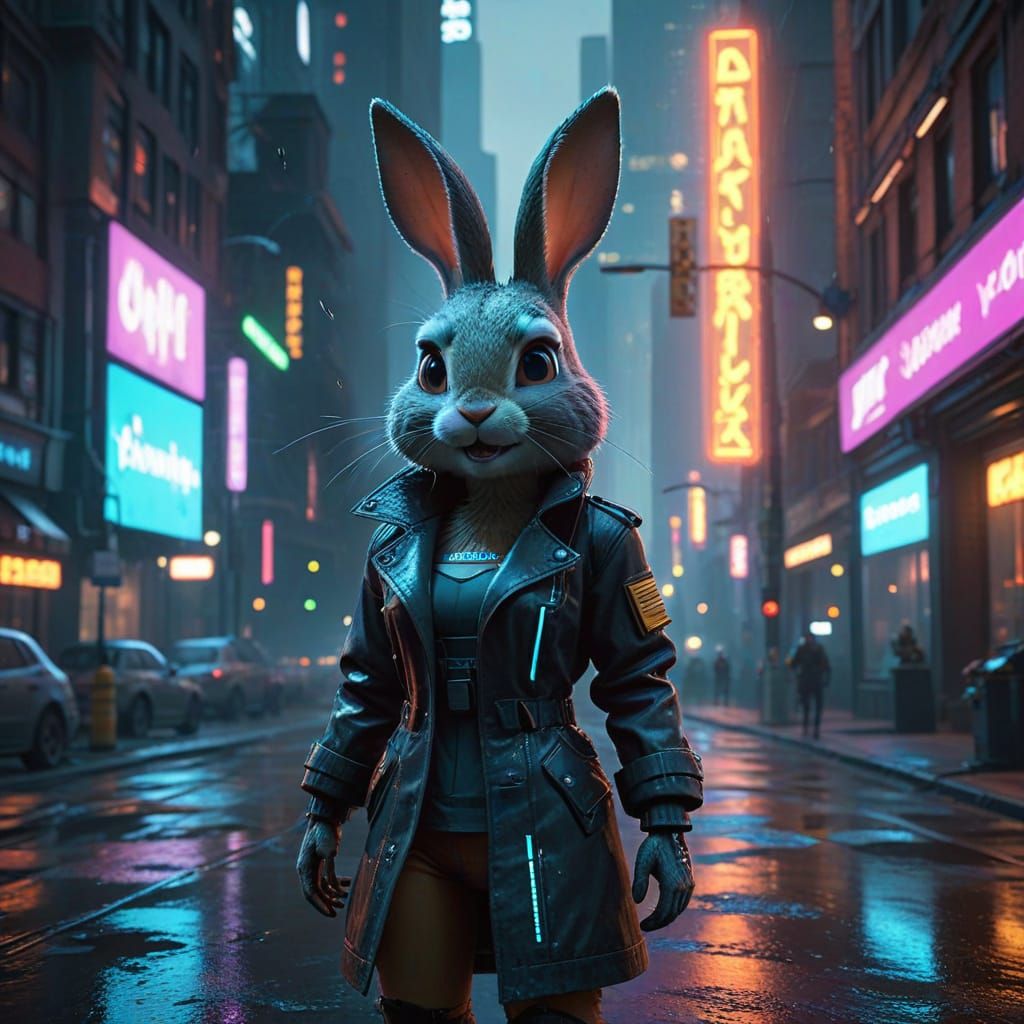 Cyberpunk Bunny Laughing in Neon Cityscape