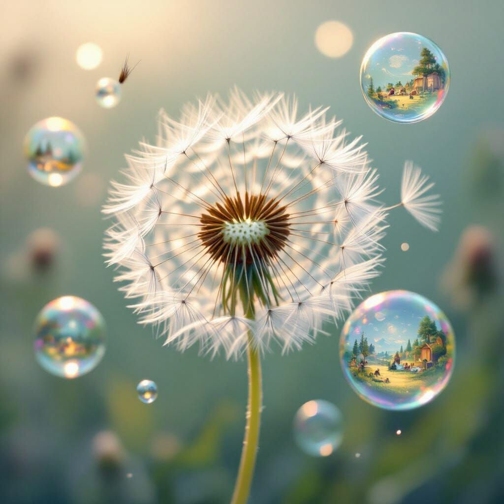 Dandelion Seeds in Miniature Bubble Worlds