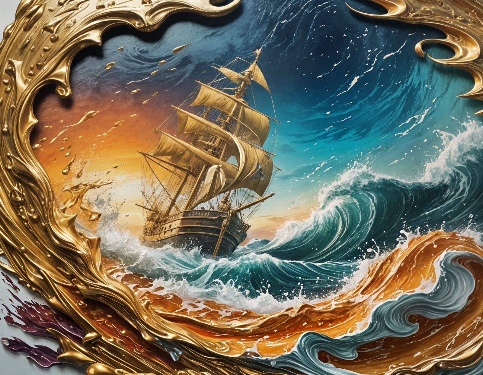 Spanish Galleon Bow Rises from Turbulent Seas in Vibrant Neo...