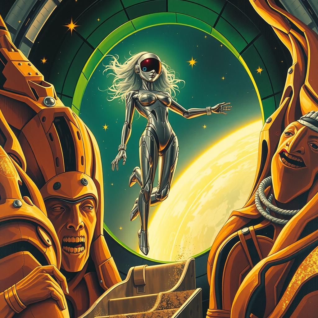 Retro Cyberpunk Robot Jumps to Space Invasion