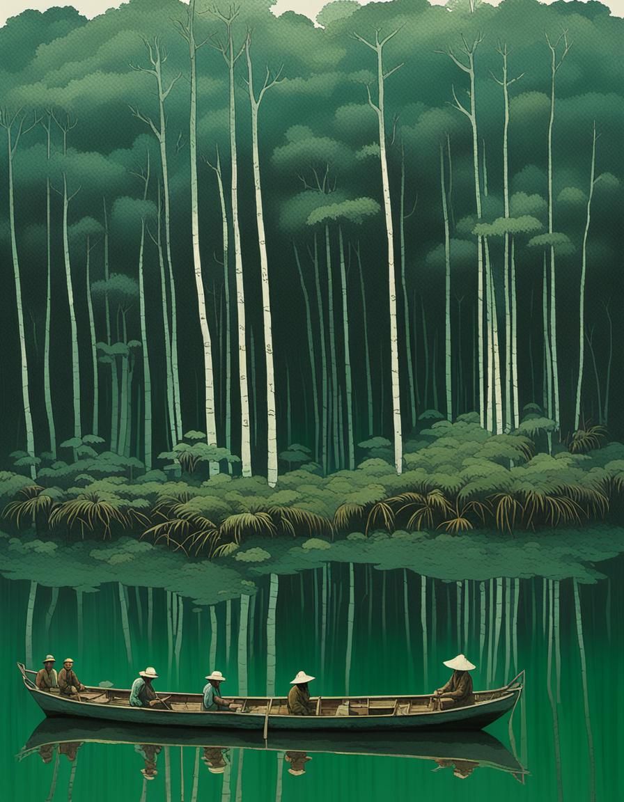 Amazon River Scene with Indigenous People and Flat Boats in...