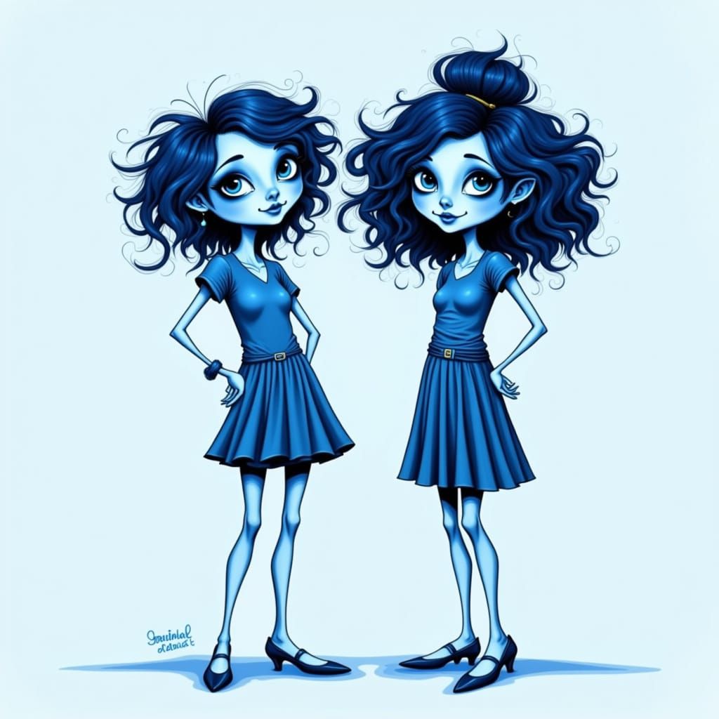 Blue Whimsical Caricature Art in Digital Style