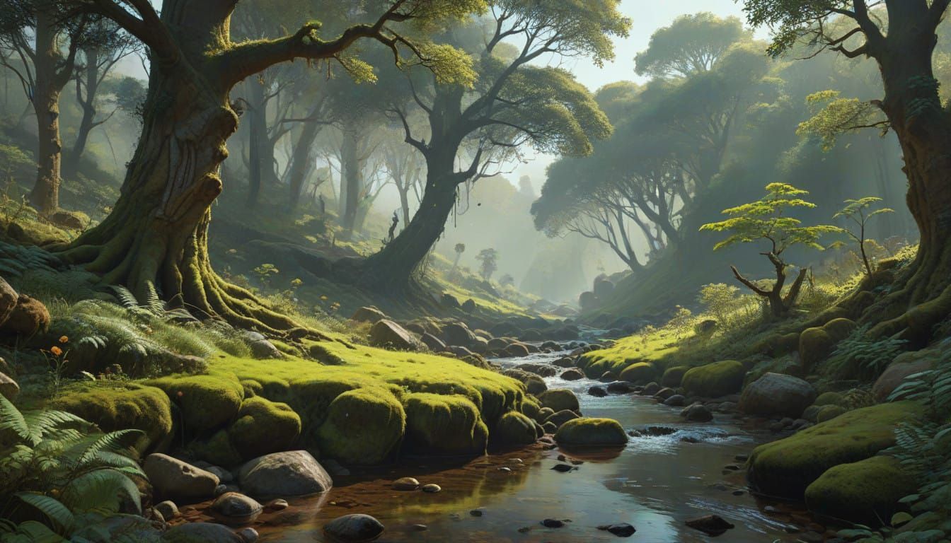 Misty Forest Oasis with Ancient Trees and Shimmering Brook