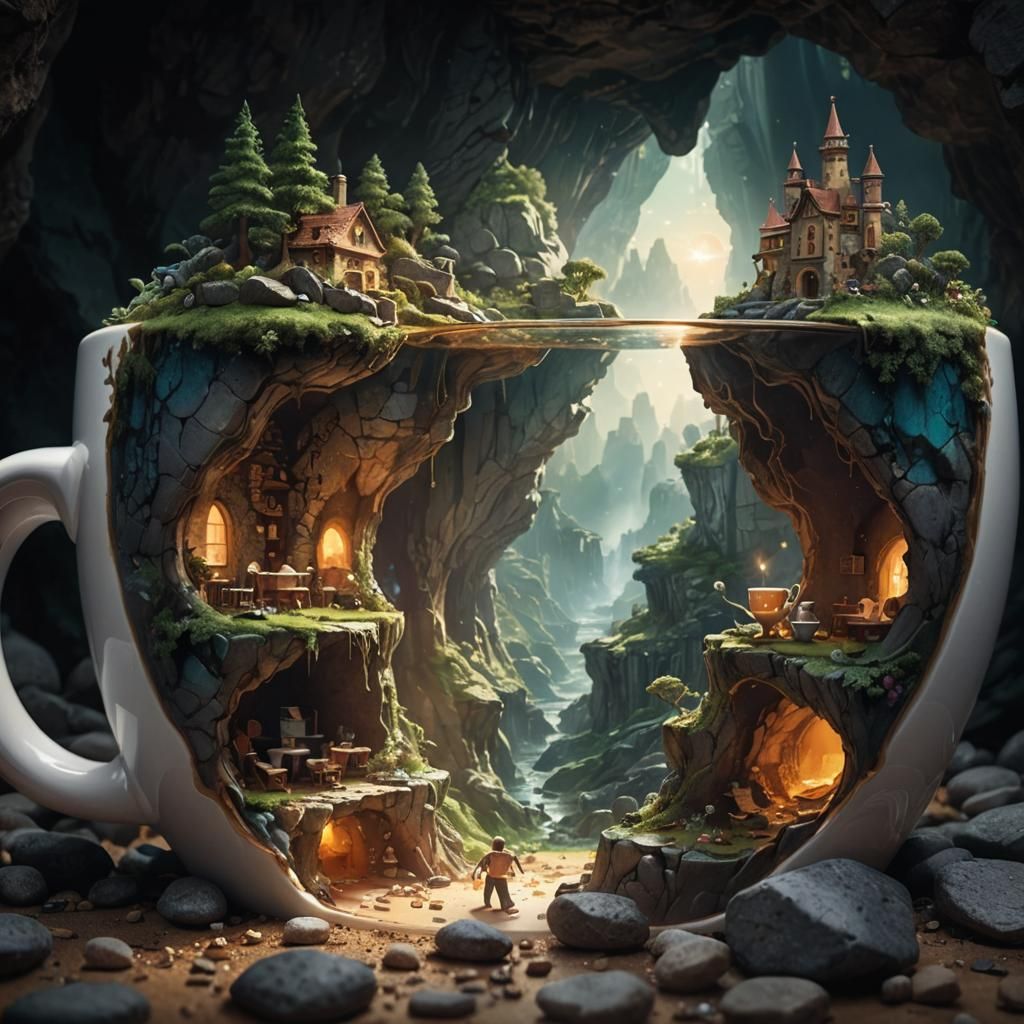 Miniature World Inside Teacup: Hyperrealistic Concept Art