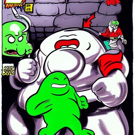 Slimer vs Stay Puft in Underground Comix Style