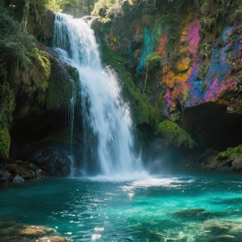 Secluded Waterfall into Crystal Pool, Hyperrealistic Photogr...