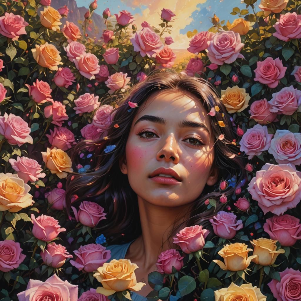 Woman Surrounded by Roses in Hyperrealistic Splash Art