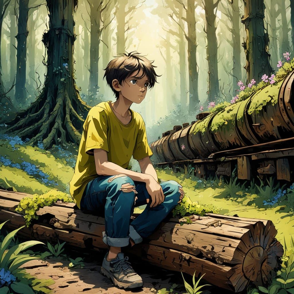 Young Boy Contemplates in a Lush, Vibrant Forest