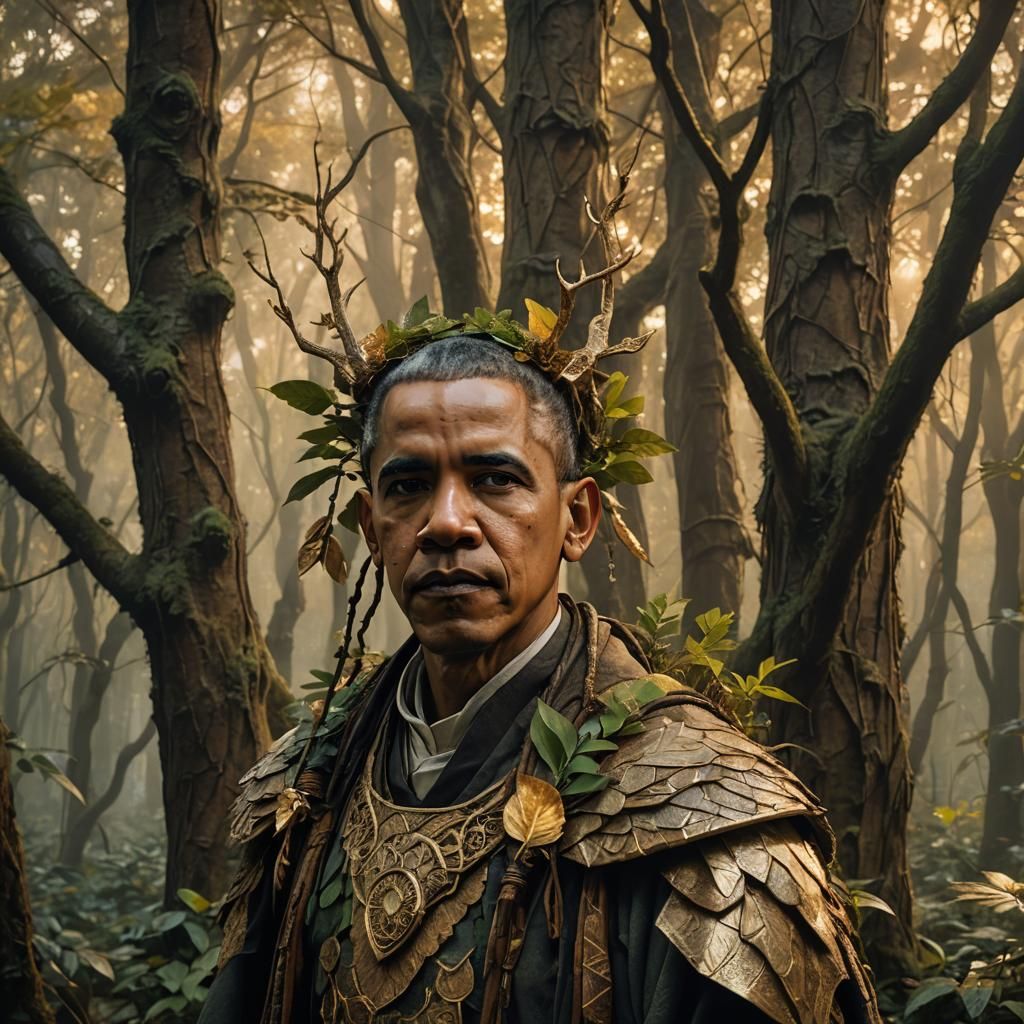 Mystical Obama as a Halforcelf Druid in an Enchanted Forest