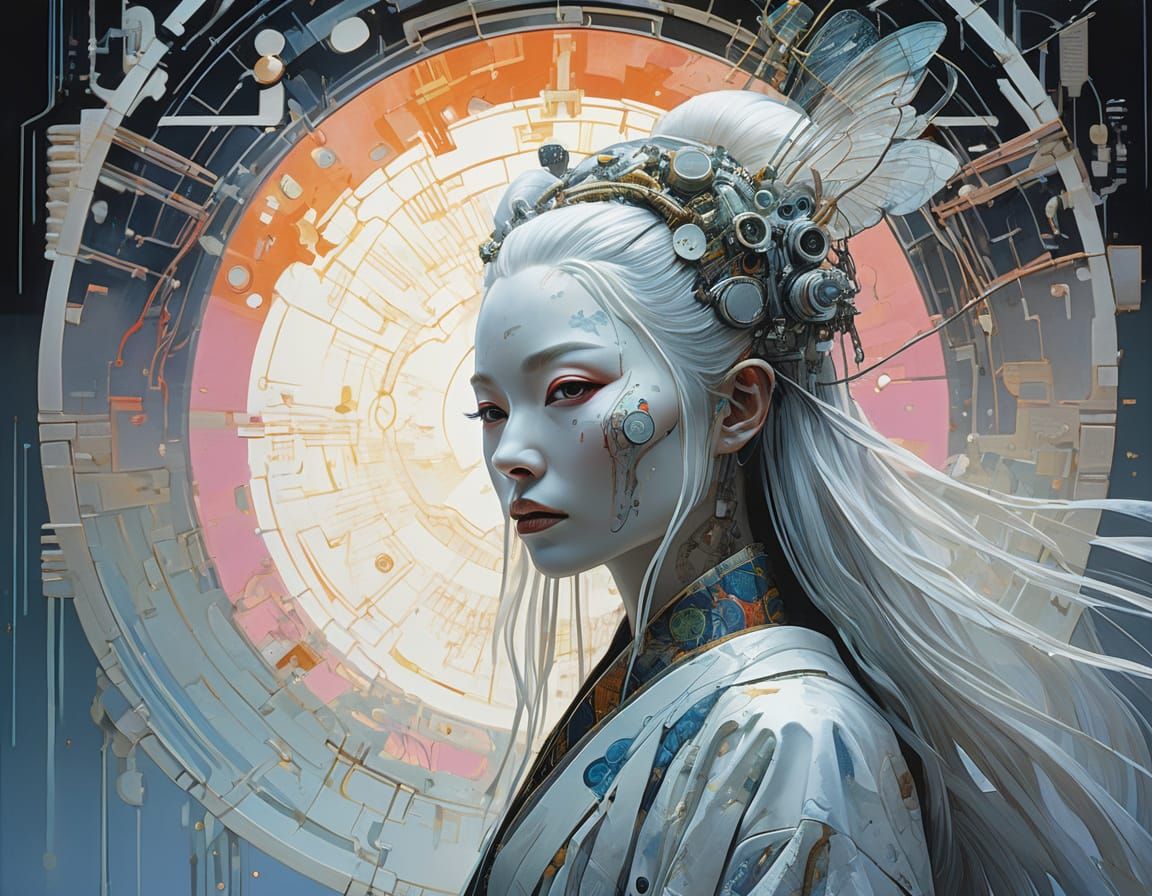 Android Geisha Fairy in Futuristic Repairshop