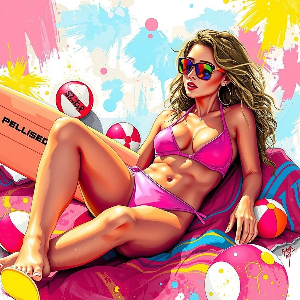 Vibrant Surfer Girl in Beachside Graffiti Art Scene