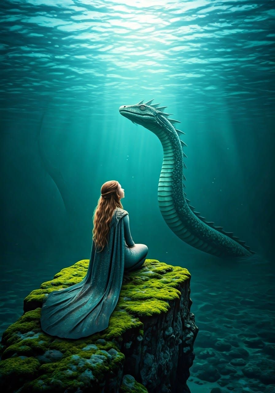 Selkie and Sea Serpent: A Photorealistic Ocean Encounter