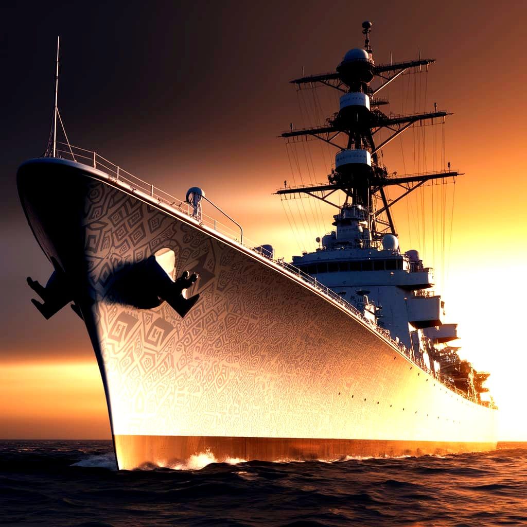 Futuristic Warship with Aztec-Inspired Patterns in Dramatic ...