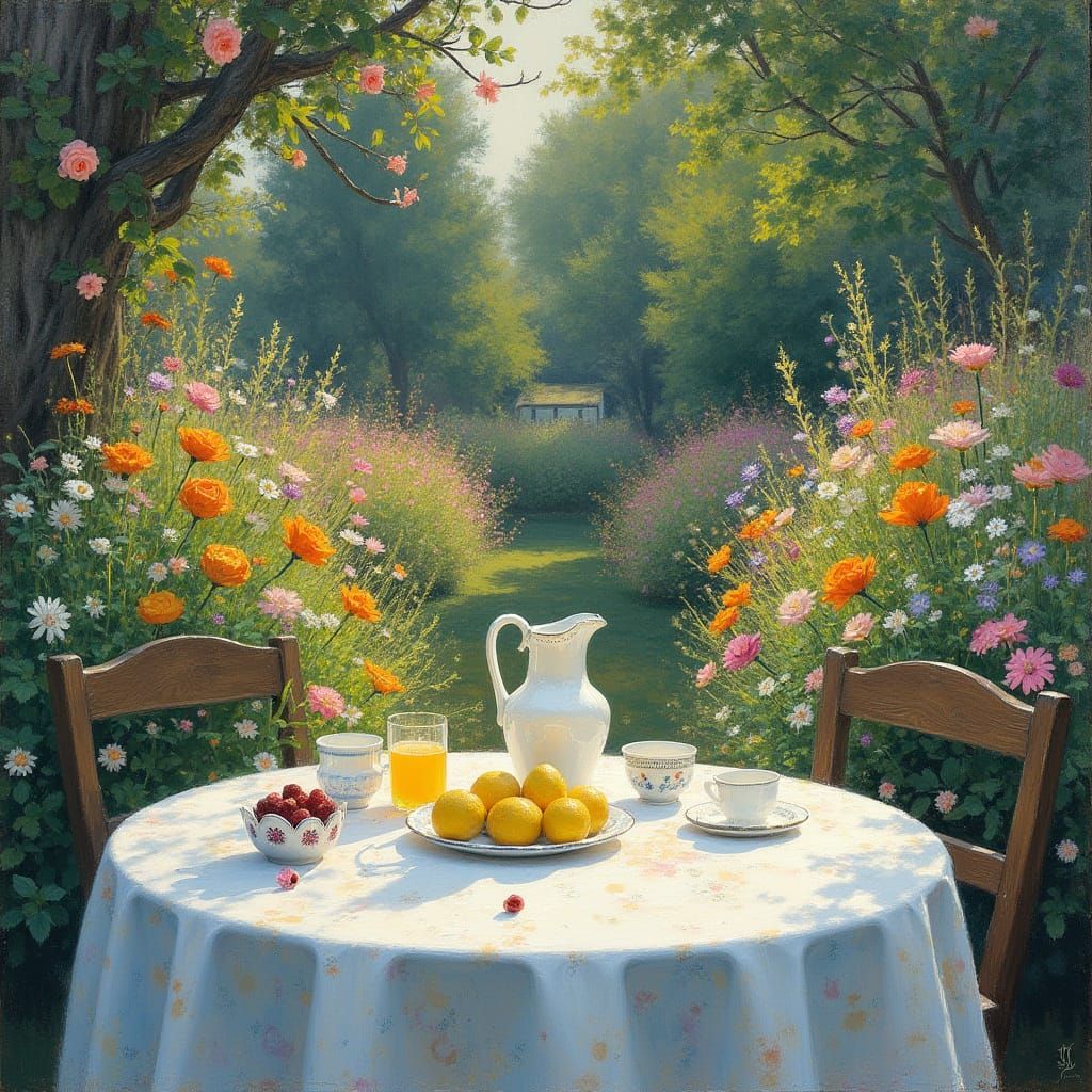 Impressionistic Summer Garden with Lemonade and Flowers