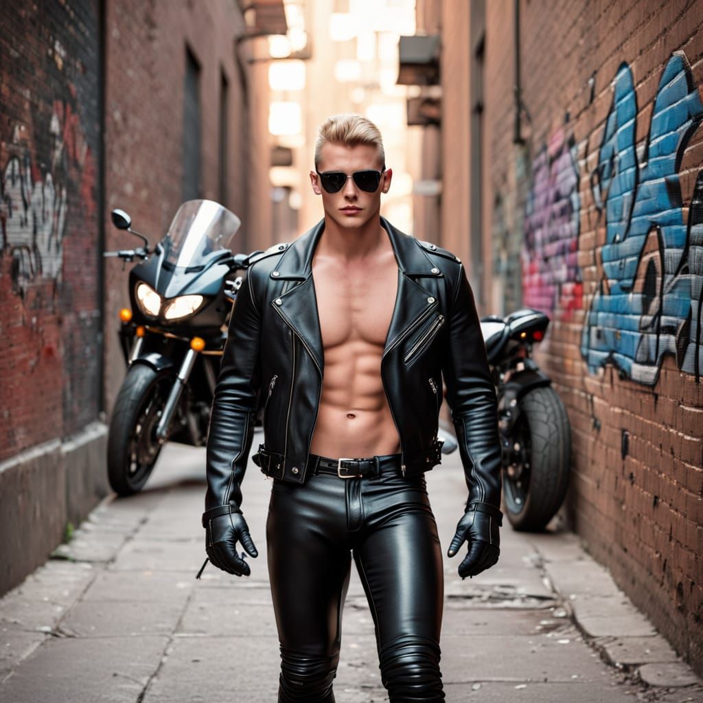 Handsome Muscular Man in Leather Jacket with Motorcycle