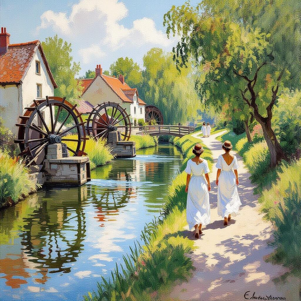 Serene River with Ancient Water Wheels, in Watercolor Style