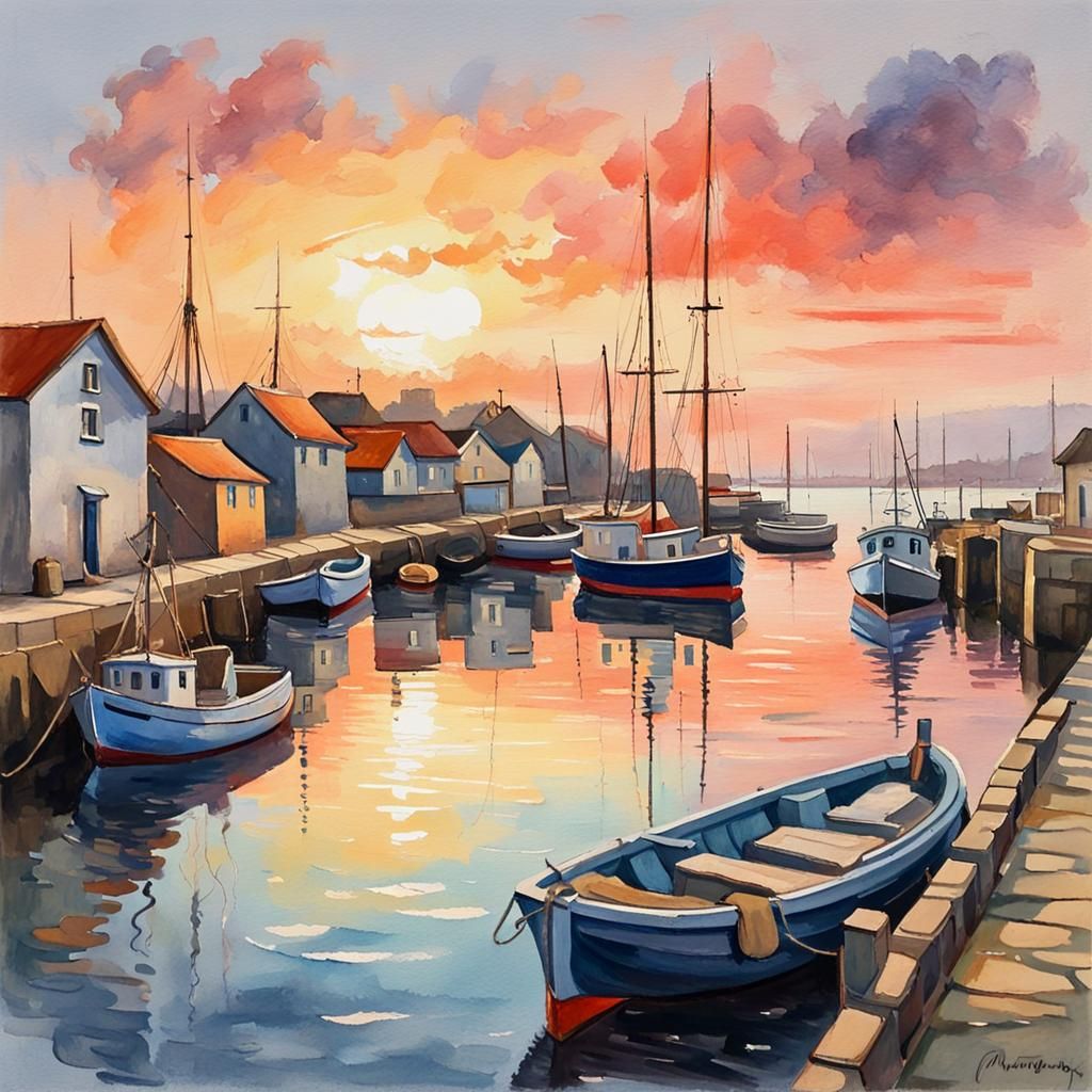 Sunset Fishing Harbor in Gouache Impressionist Style