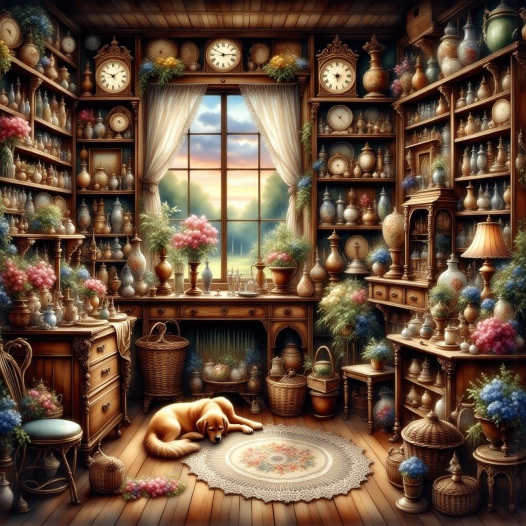 Antique Shop at Twilight in Watercolor Style