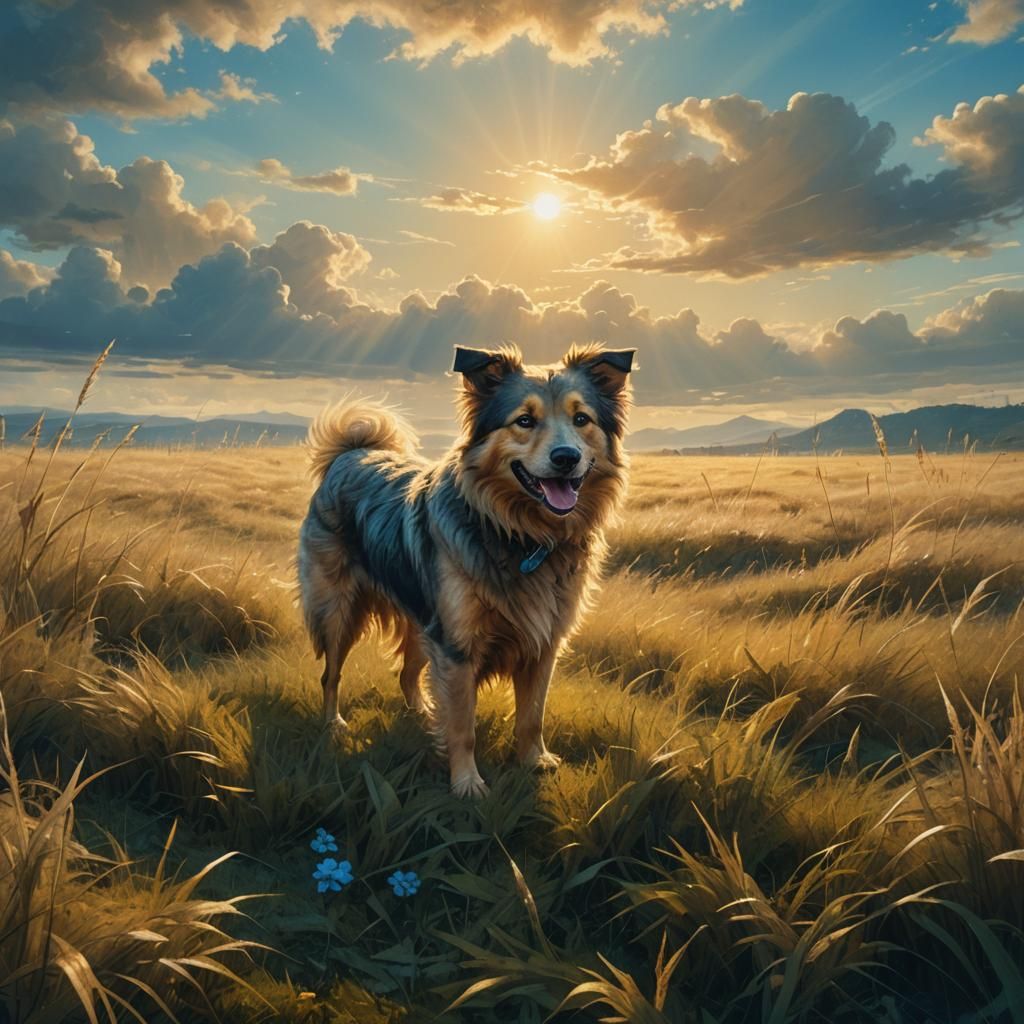 Smiling Dog in Sunny Field: Fantasy Concept Art