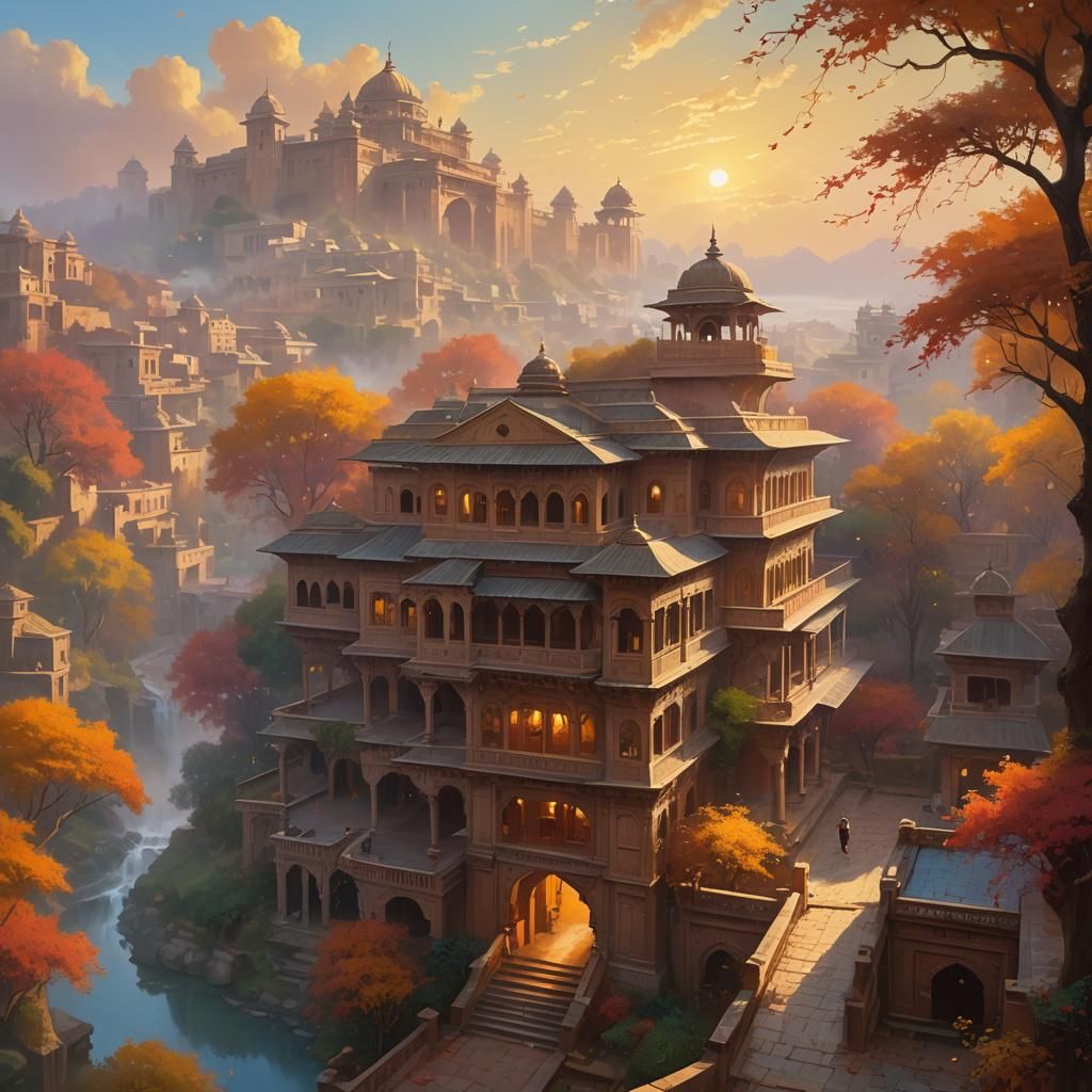 Hindu Haveli in Autumn Mist: Kinkade Style