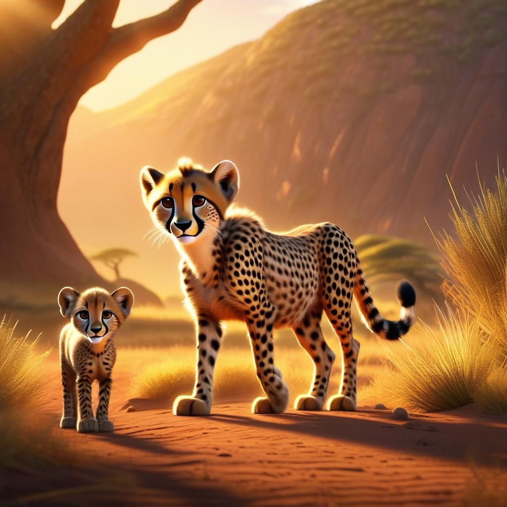 Cute Cheetah Cub Stalking Baby Buffalo: Pixar Style