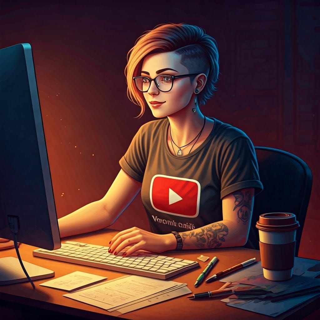 Woman Surrounded by Creative Chaos in Cyberpunk Ambiance